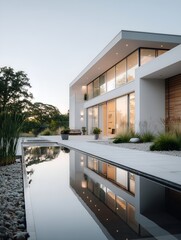 Modern minimalist house with reflecting pool at dusk