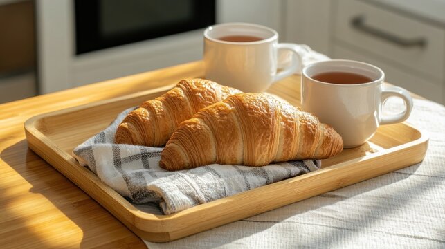 Two croissants and teacups on a wooden tray
