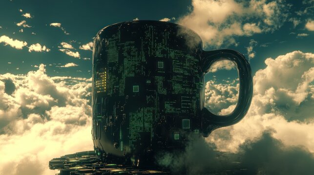 Futuristic mug, atop clouds, intricate circuit design - Powered by Adobe