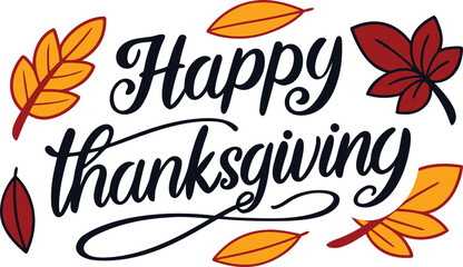Obraz premium happy thanksgiving calligraphy with autumn leaves vector