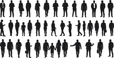 Silhouette people collection, diverse human poses, walking, standing, gesturing, holding objects, black figures, posture study, professional attire, white background