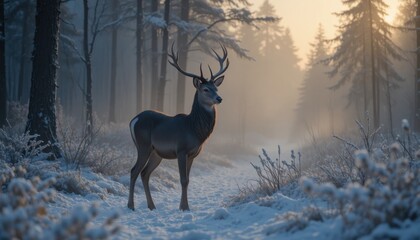 Fototapeta premium An elegant deer standing in the snow-covered forest at dusk, misty air and soft light creating a mystical feeling.