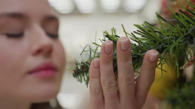 Close-up of white lady affectionately holding Christmas tree while smelling it, background features soft bokeh light effect, with unclear figure moving
