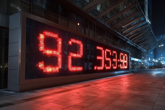 Vibrant red LED timer displays 92.353.99 against a modern, sleek skyscraper facade at night.