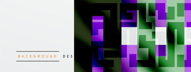 Fototapeta premium Abstract geometric design. Squares overlap creating complex pattern. Purple, green hues dominate composition. Minimalist aesthetic present.