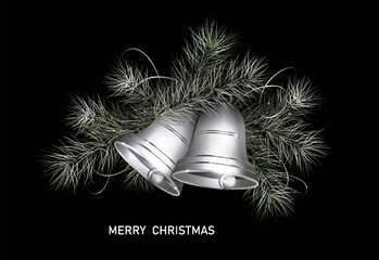 Merry Christmas. Isolated garland of white bells and fir branches.