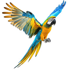 Macaw Blue Gold Bird Flying full body view isolated on white or transparent background
