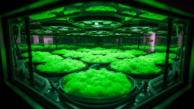 Glowing bioreactors showcase rapid algae growth in green liquid environment