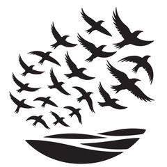 Silhouette of flying birds on white background. Inspirational body flash tattoo ink. Vector.