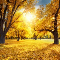 Fototapeta premium Eternal autumn: nature's masterpiece in radiant hues. Epic poster. Vivid autumn dreamscape: a bright canvas of leaves and light. Action poster. Film poster.