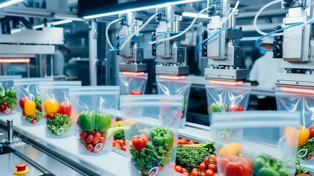 Bioplastic packaging plant uses automated machines to fill compostable bags with organic produce