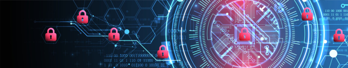 Abstract technological background on the topic of information protection. Various technological elements with padlocks inside which is a digital code.