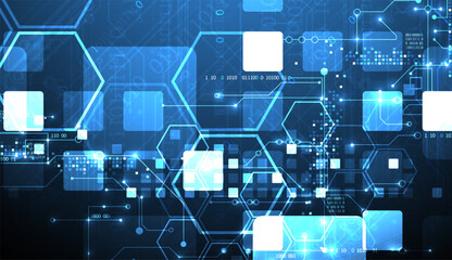 A technical background using technological lines, squares, and hexagons combined into an art composition.
