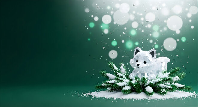 Cute white arctic fox resting on snow surrounded by frosty sparkles in a cold green winter background. - Powered by Adobe