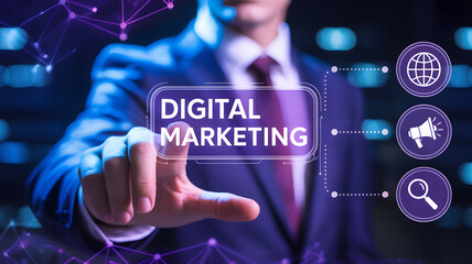 Business professional engages with digital marketing interface, global reach, and communication icons.