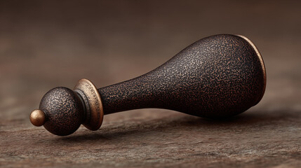 Vintage wooden stamp with textured bronze handle resting on rustic wood surface. Ideal for stationery and craft concepts