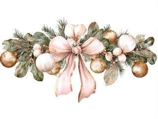 Watercolor Christmas garland with dusty pink bow, holly, berries, and fir branches, pastel colors, cozy feminine festive aesthetic