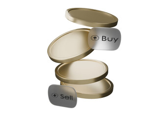 Gold Coins with Buy and Sell Buttons Representing Trading and Investment Concept. PNG isolated on transparent background 3D render