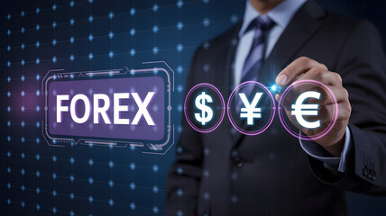 Man selects forex currency symbols on futuristic interface for global trading success
