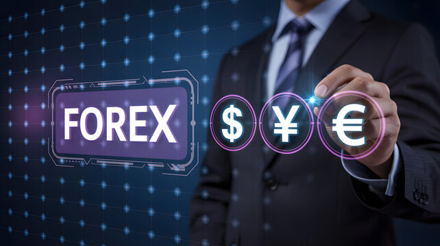 Man selects forex currency symbols on futuristic interface for global trading success