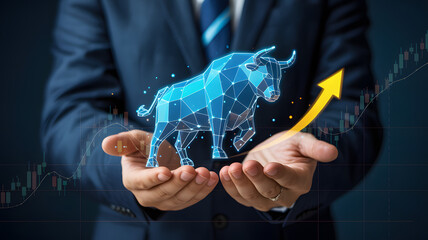 Confident businessman holds digital bull symbol with upward arrow signifying growth