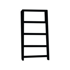 Black shelving unit with four shelves against a white background illustration