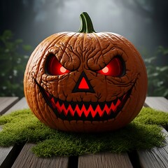 A spooky, carved jack-o'-lantern with glowing red eyes and a menacing grin sits on a mossy surface.