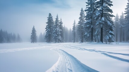 Fototapeta premium Snow-covered landscape with tire tracks leading through a winter forest scene