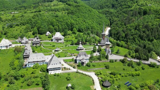Aerial footage of the Barsana Monastery, a famous orthodox complex in the Maramures region of Romania