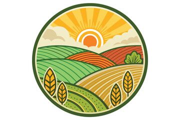 Naklejka premium Organic farm label concept with scenic farm lands.