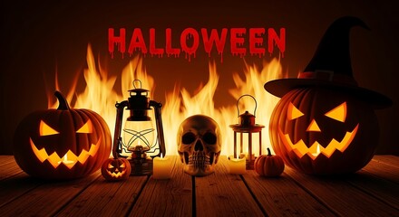 Spooky Halloween scene with carved pumpkins, a skull, lanterns, and a witch hat set against a backdrop of flames.