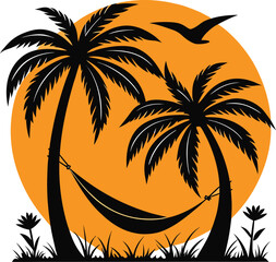 Tropical Sunset Hammock Silhouette Vector