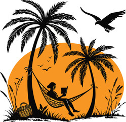 Tropical Sunset Hammock Silhouette Vector