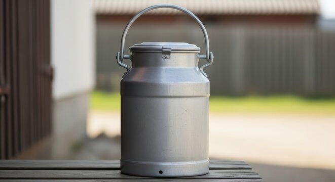 Vintage metal milk canister on wooden table in rural setting