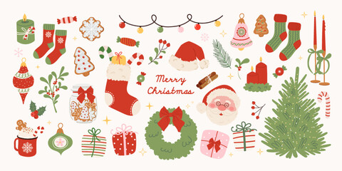 Naklejka premium Christmas hand drawn clipart set. Cute Xmas elements in trendy vintage style. Christmas tree, Santa Claus, gift, tree toys, Santa hat, wreath, candy, gingerbread, socks. Vector illustration
