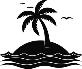 Simple Tropical Island with Palm Tree Vector Icon in Black and White
