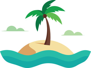 Flat Design Tropical Island Sunset Vector Illustration