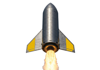 Silver space rocket launching with yellow fins isolated on transparent PNG, futuristic spacecraft for science and technology concepts
