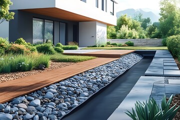 Front yard drainage channel with river stones and waterproof liner beside modern house walkway and lawn