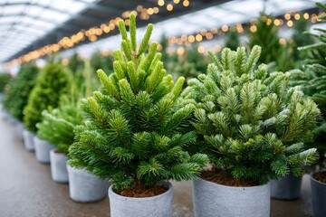 Potted christmas trees growing in a nursery preparing for holidays