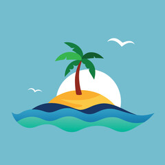 Flat Design Tropical Island Sunset Vector Illustration