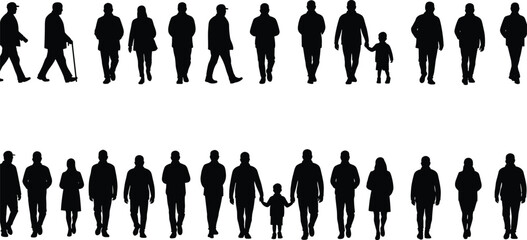 Silhouettes of walking people, diverse human motion, crowd simulation, family group, urban lifestyle, pedestrian movement, animation reference, black profile figures