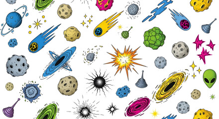 Space galaxy planets stars asteroids comets cartoon illustration, seamless pattern background vector art