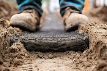 Worker boots compacting soil over installed black geogrid roll during path construction closeup