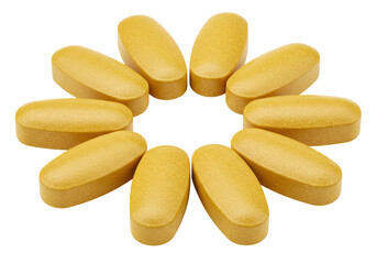 Yellow multivitamin tablets arranged in a circle isolated on transparent background, dietary...
