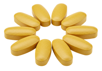 Yellow multivitamin tablets arranged in a circle isolated on transparent background, dietary supplement for health and wellness