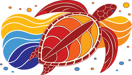 Colorful Sea Turtle Vector Illustration in Abstract Wave Background