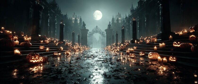 Haunted castle adventure: a kid's spooky imagination unleashed. Action poster. Enchanted halloween castle: pumpkins guarding in whimsical dark. Blockbuster art. Promotional poster.