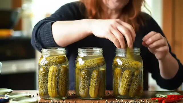 Woman canning pickles in jars.