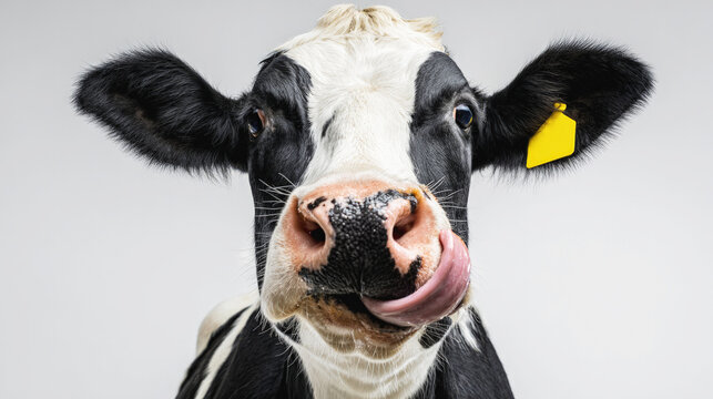Funny close-up portrait of a black and white cow licking its nose, isolated on light background, representing livestock and agriculture. - Powered by Adobe